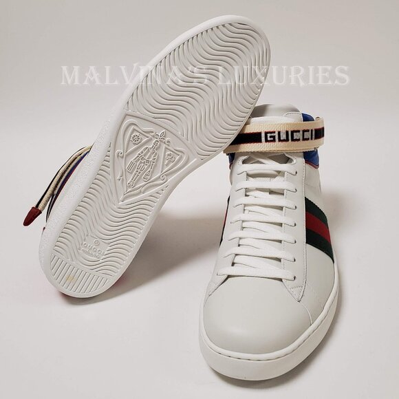 GUCCI SNEAKERS MENS ACE LOGO STRIPE WEB SNAKE BACK HITOP SHOES 6.5G / US 7 - Picture 13 of 13